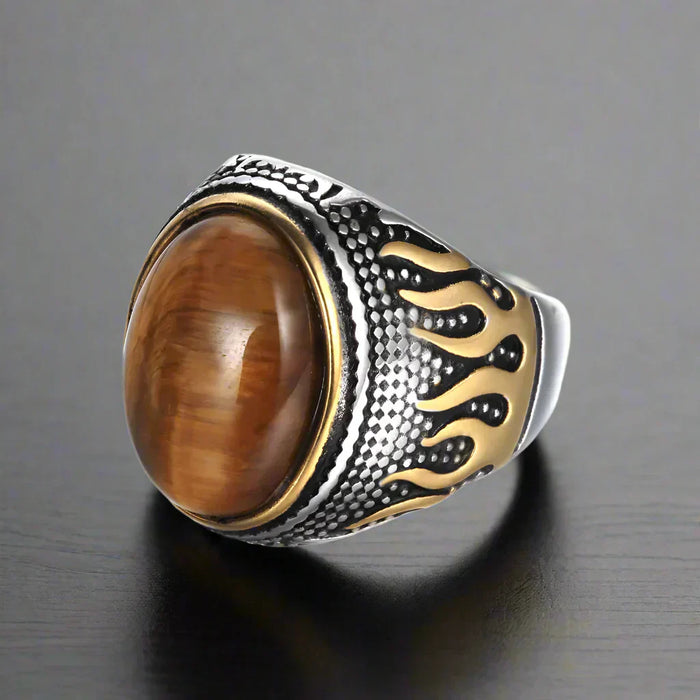 Bague Homme Acier Pierre OEIL DE TIGRE FLAMME