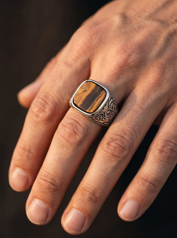 Bague Vintage en Acier Inoxydable avec Oeil de Tigre - Tiger eye 3 / us size / 11