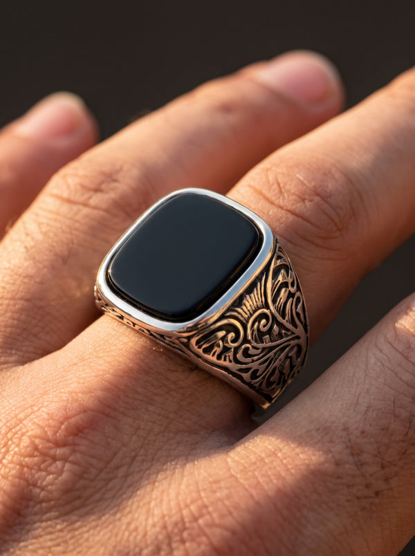 Bague Vintage Acier Émaillé Noir - Noire / 7