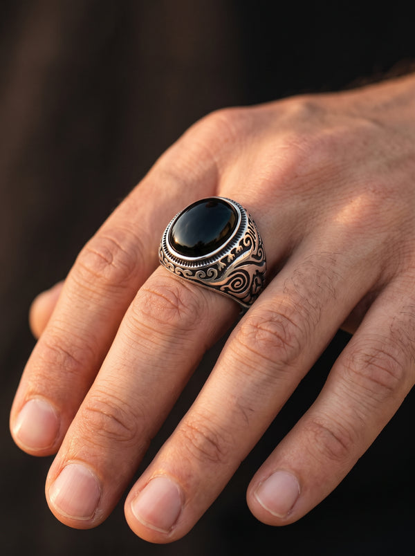 Bague Vintage Acier avec Pierre Noire - Noire / 7