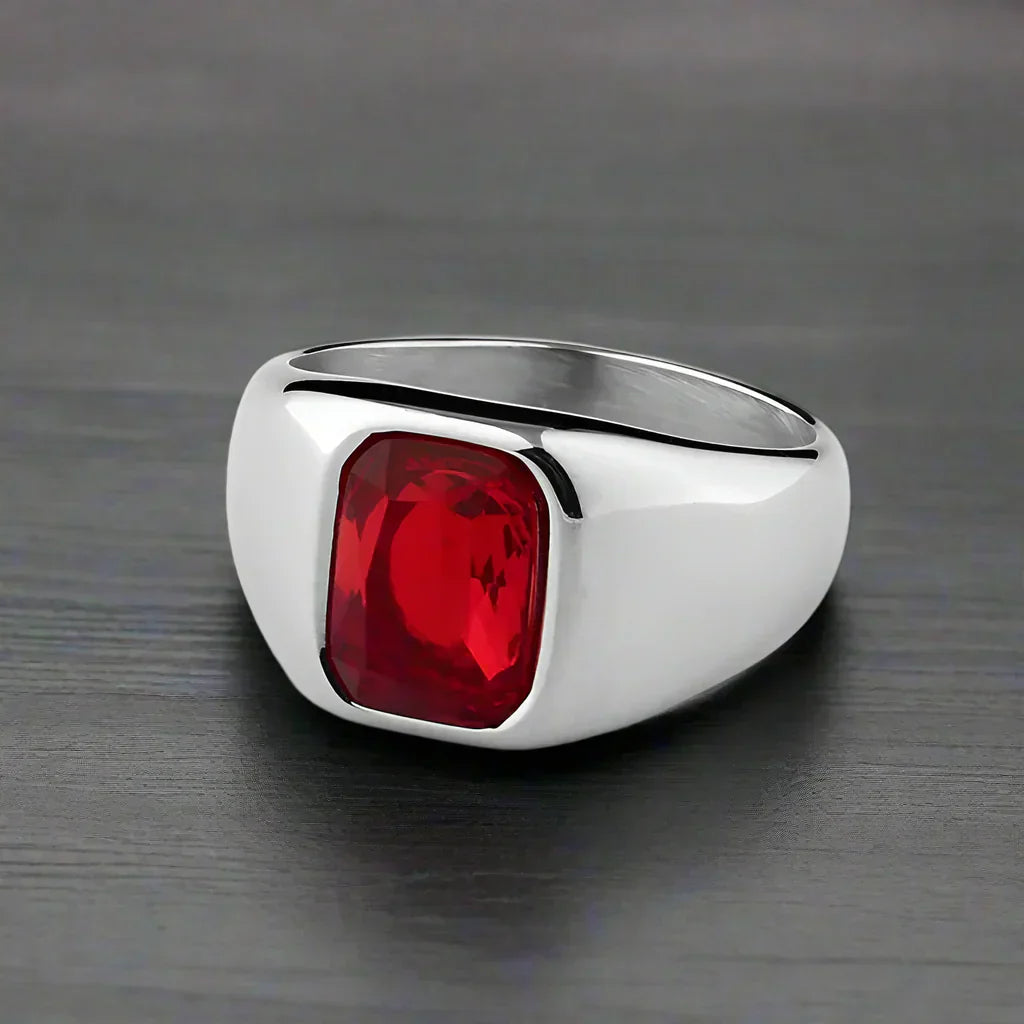 Bague Homme Acier Pierre ROUGE RECTANGULAIRE