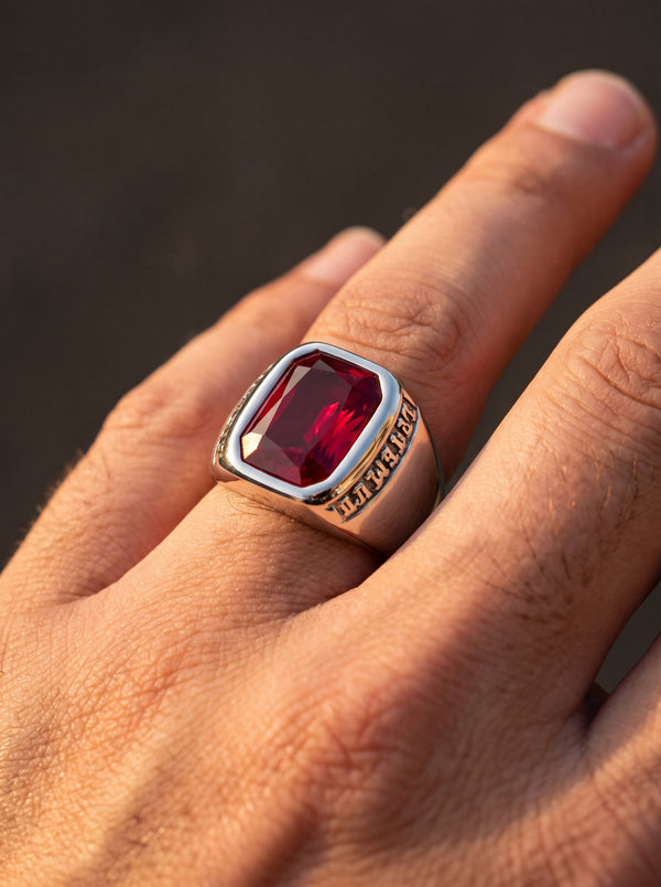 Bague Vintage en Acier Pierre Rouge - Rouge / 13