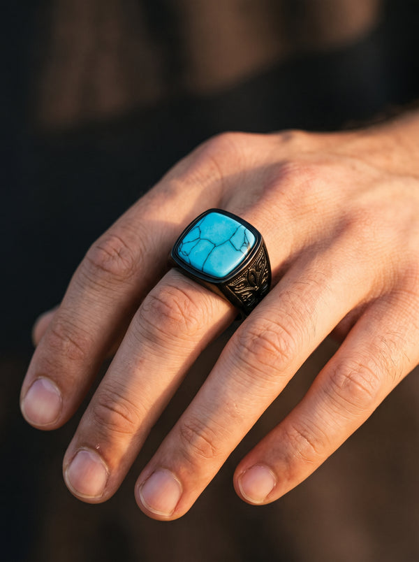 Bague Noire Vintage Pierre Bleue Carrée - Bleue / 13