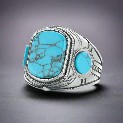 Bague Homme Acier Pierre TURQUOISE CRAQUELÉE