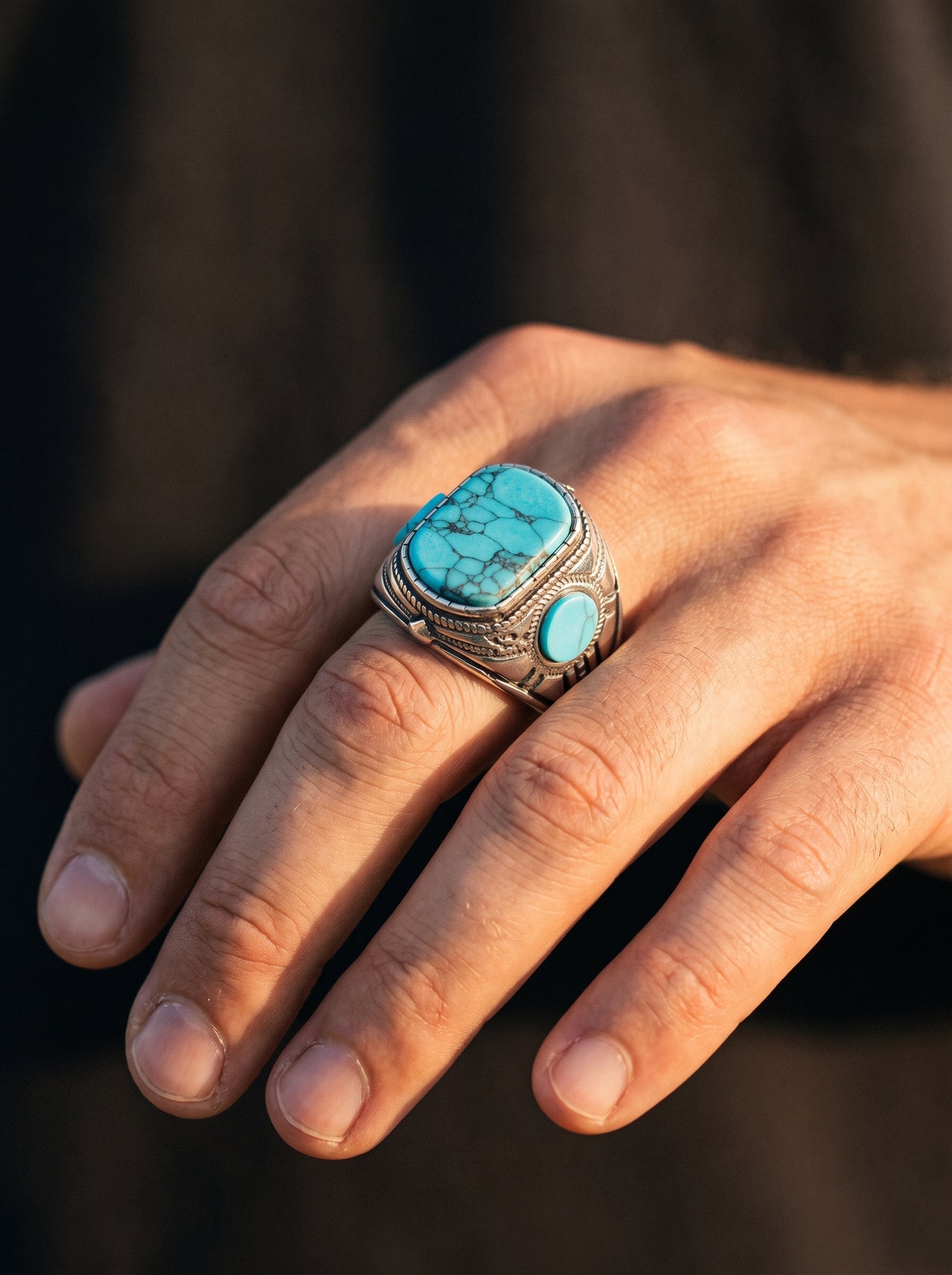 Bague Homme Acier Pierre TURQUOISE CRAQUELÉE
