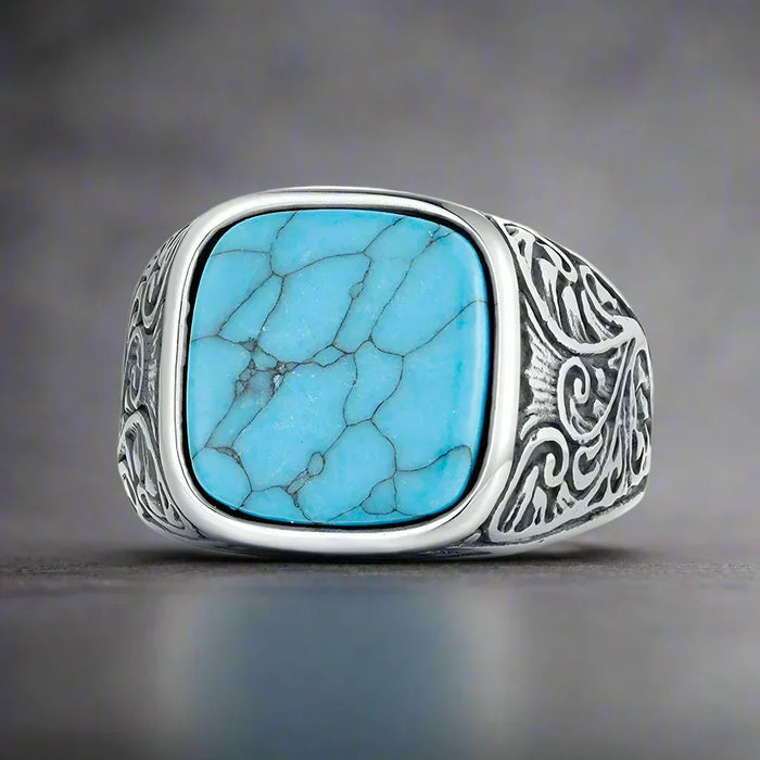 Bague Homme Acier Pierre TURQUOISE MARBRÉE