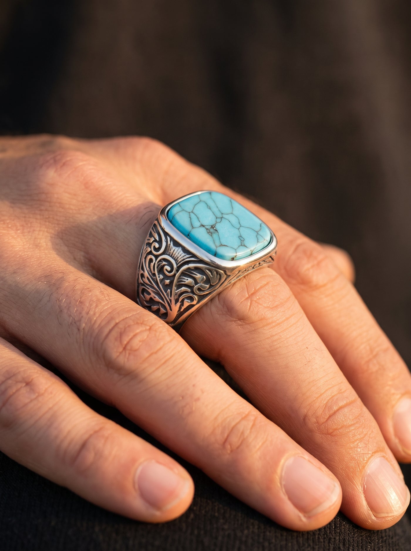 Bague Homme Acier Pierre TURQUOISE MARBRÉE
