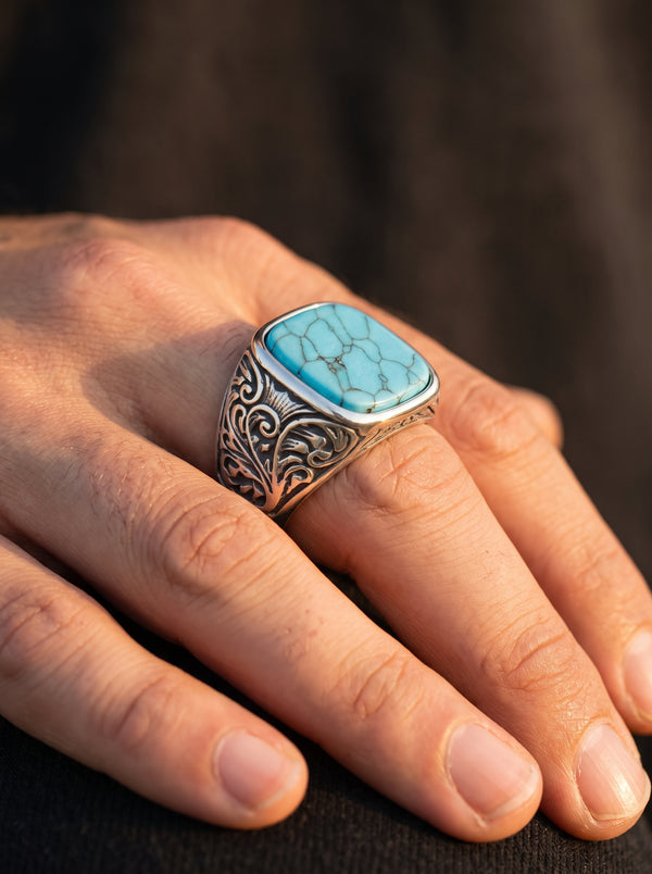 Bague Vintage Turquoise en Acier - Blue stone 4 / us size / 10