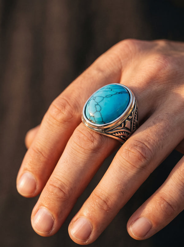 Bague en Acier Inoxydable Pierre Turquoise - Bleue / 13