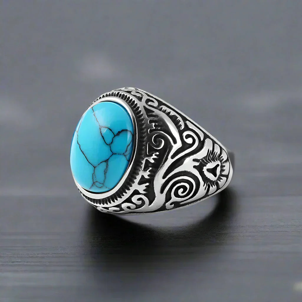 Bague Homme Acier Pierre TURQUOISE RONDE