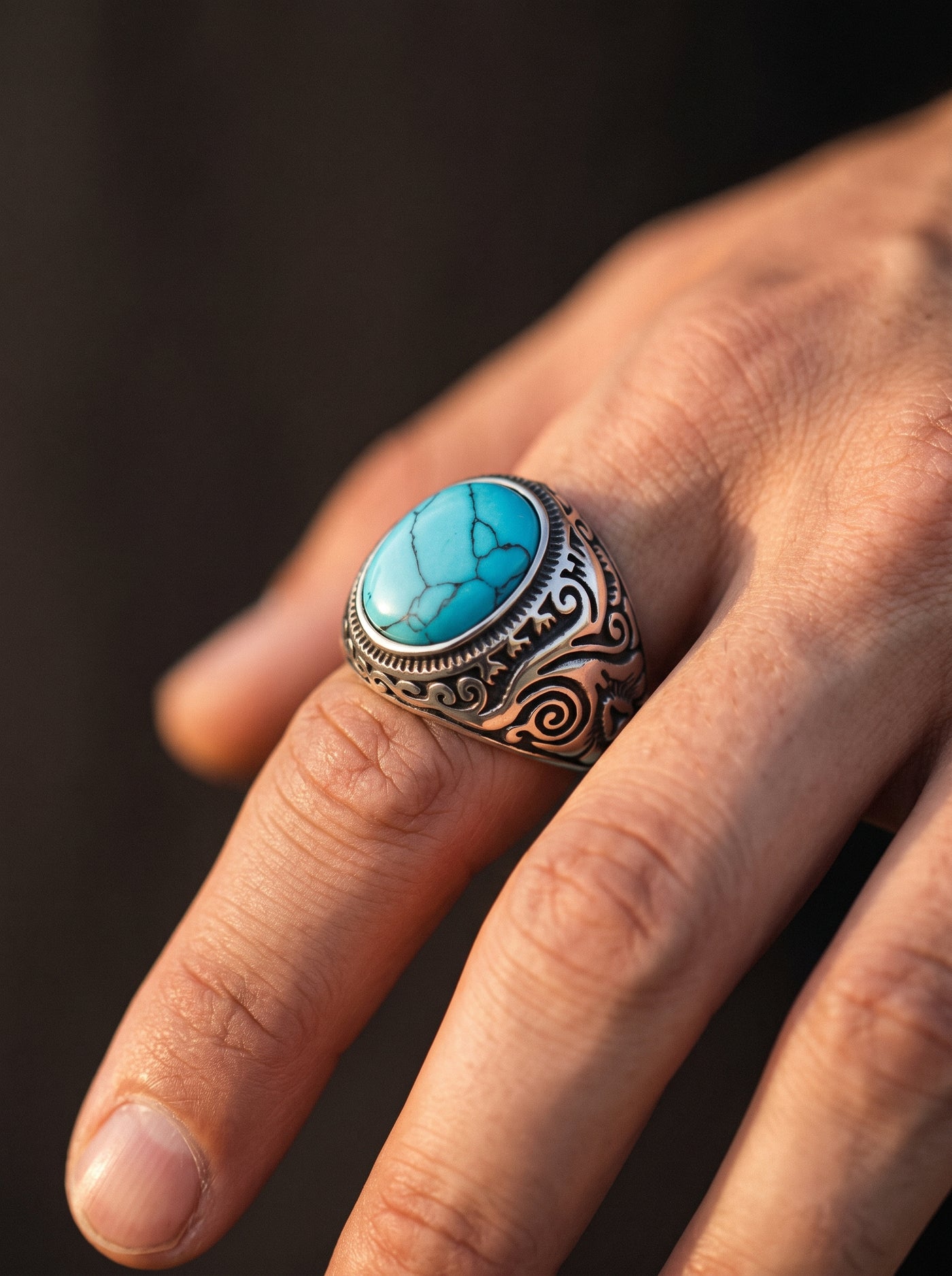 Bague Homme Acier Pierre TURQUOISE RONDE