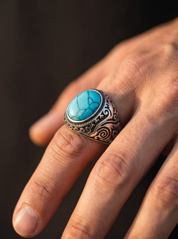 Bague Vintage Acier Inoxydable Turquoise - Bleue / 7