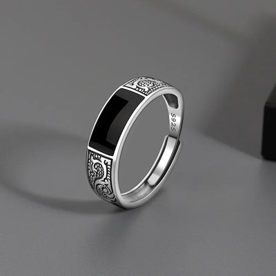 Bague Homme Argent Pierre NOIRE GRAVÉE