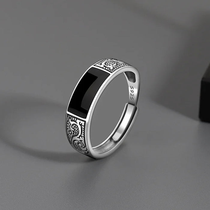 Bague Homme Acier Inoxydable Pierre NOIRE GRAVÉE