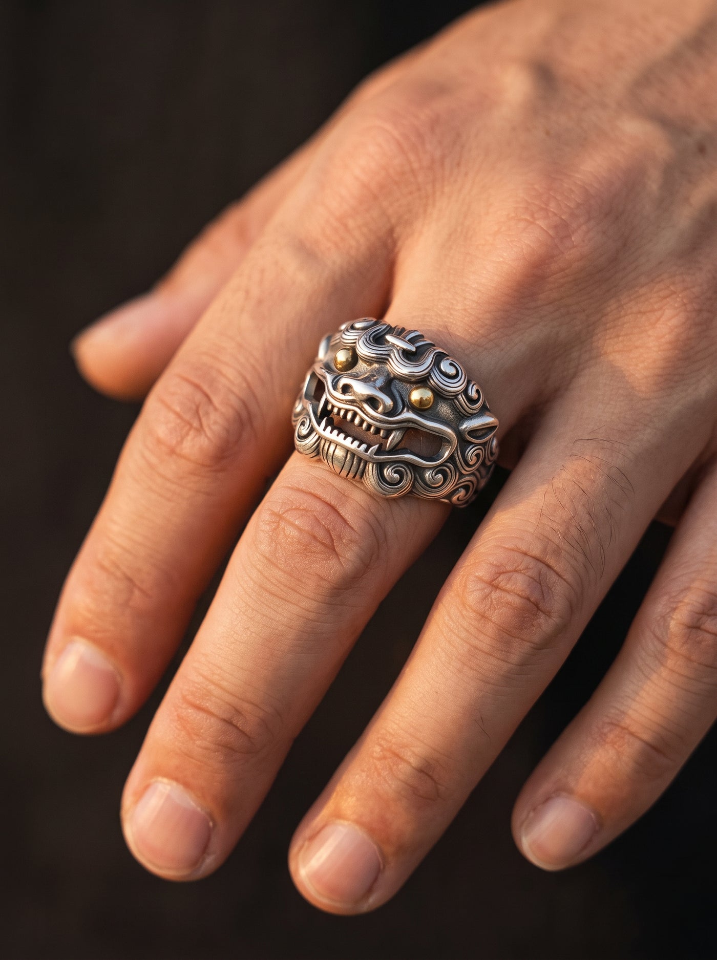 Bague Homme Style Japonais CHIEN GARDIEN MYTHIQUE