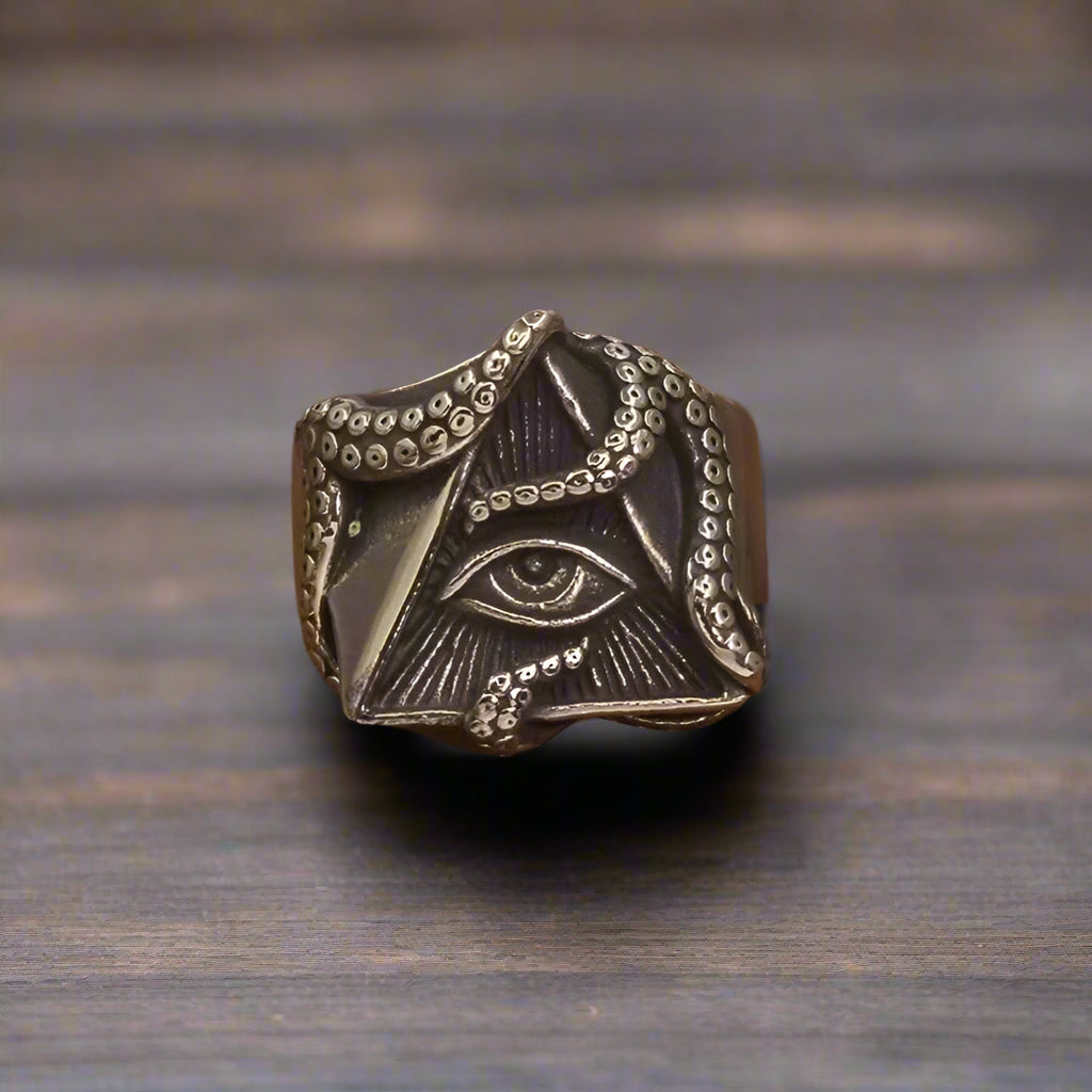 Adjustable Ring Men Illuminati Pyramid Tentacles - resizable / S0033