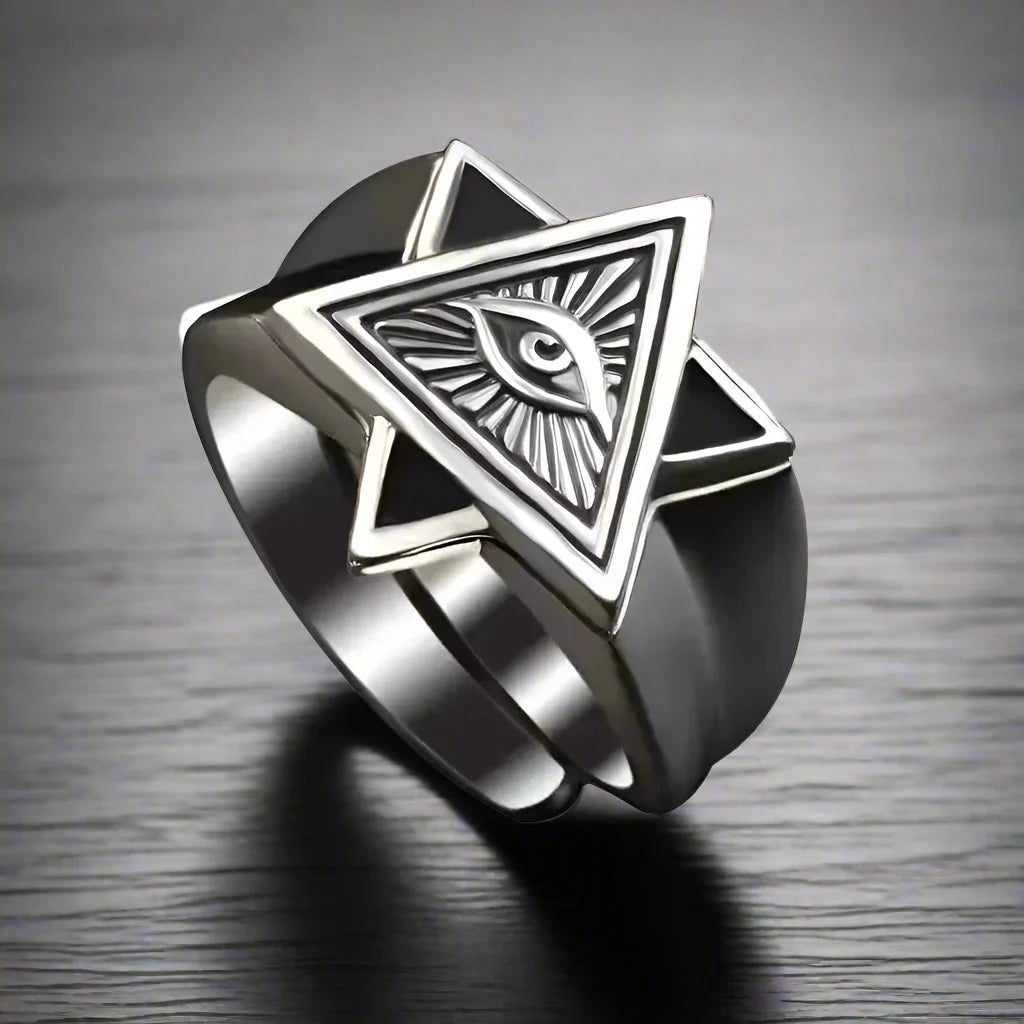 Adjustable Ring Men Illuminati Eye in Pyramid Triangle - resizable / S0063