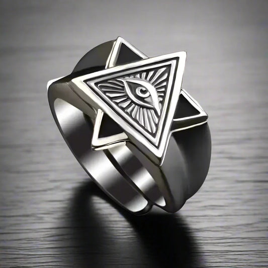 Adjustable Ring Men Illuminati Eye in Pyramid Triangle - resizable / S0063