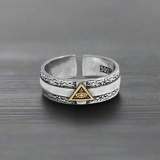 Adjustable Ring Men Silver Plated Golden Illuminati Pyramid - resizable / S0070