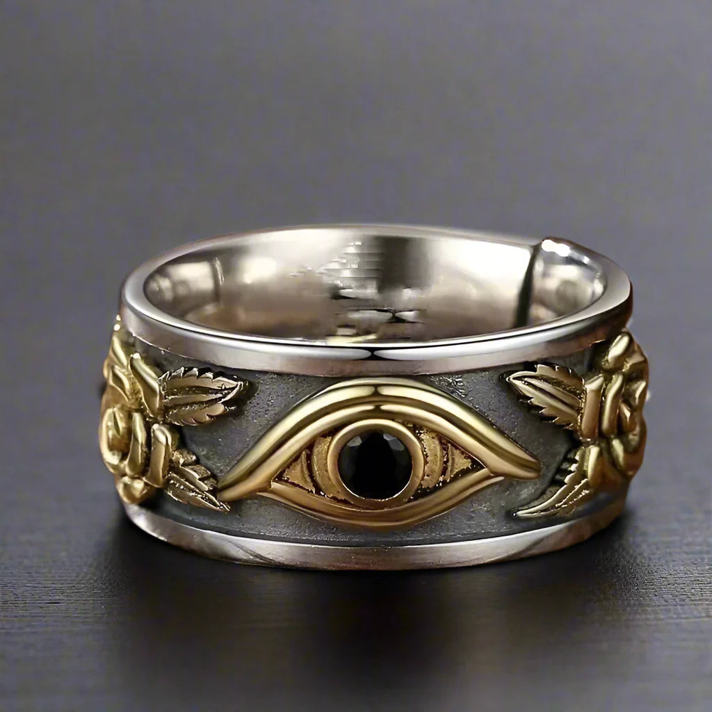 Adjustable Ring Men Black Eye Golden Roses Vintage - resizable / S0068-Gold