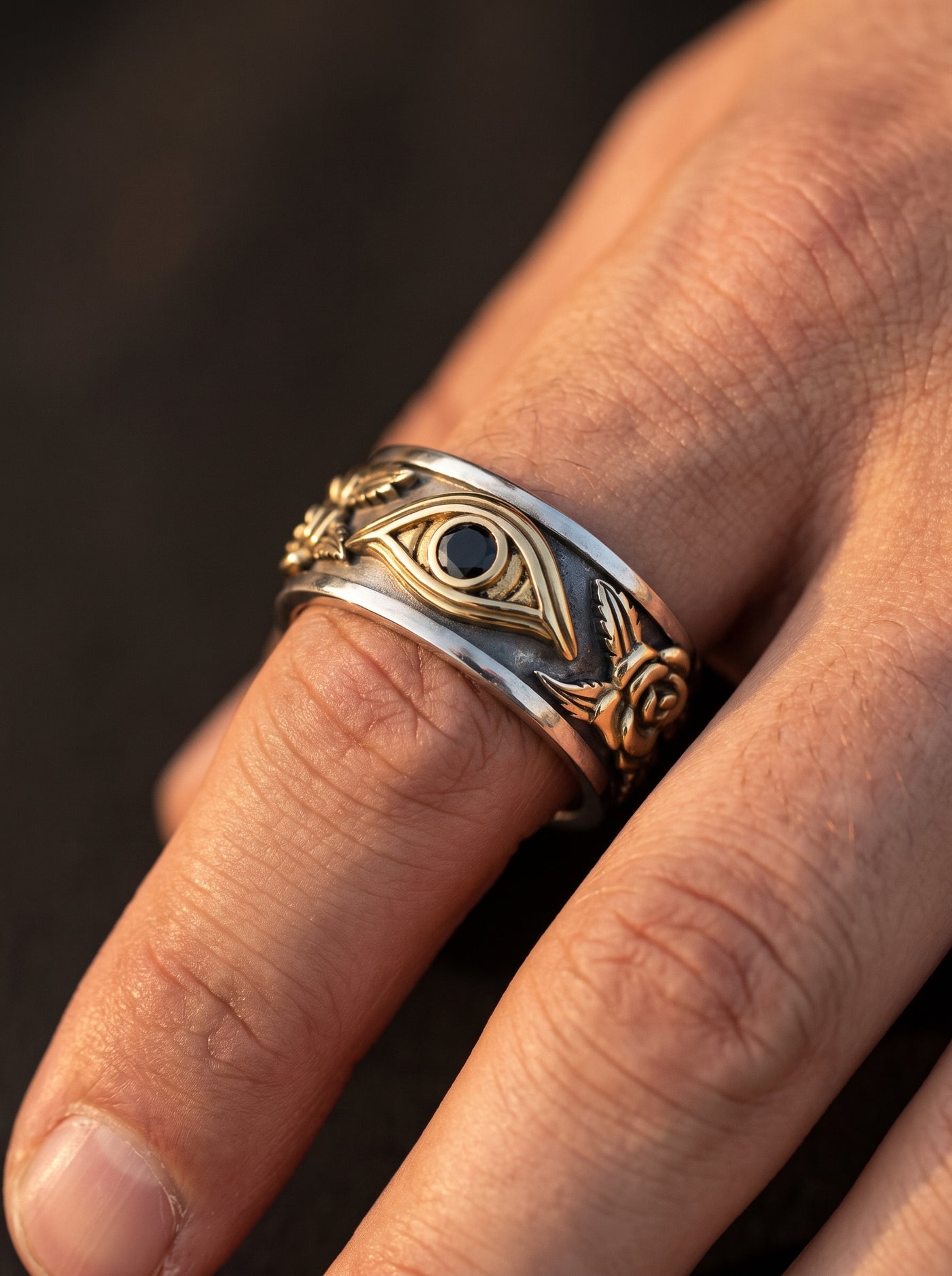 Bague Oeil Homme NOIRE ROSES DORÉES