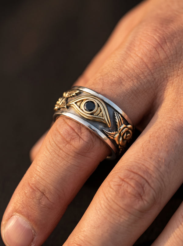 Adjustable Ring Men Black Eye Golden Roses Vintage - resizable / S0068-Gold