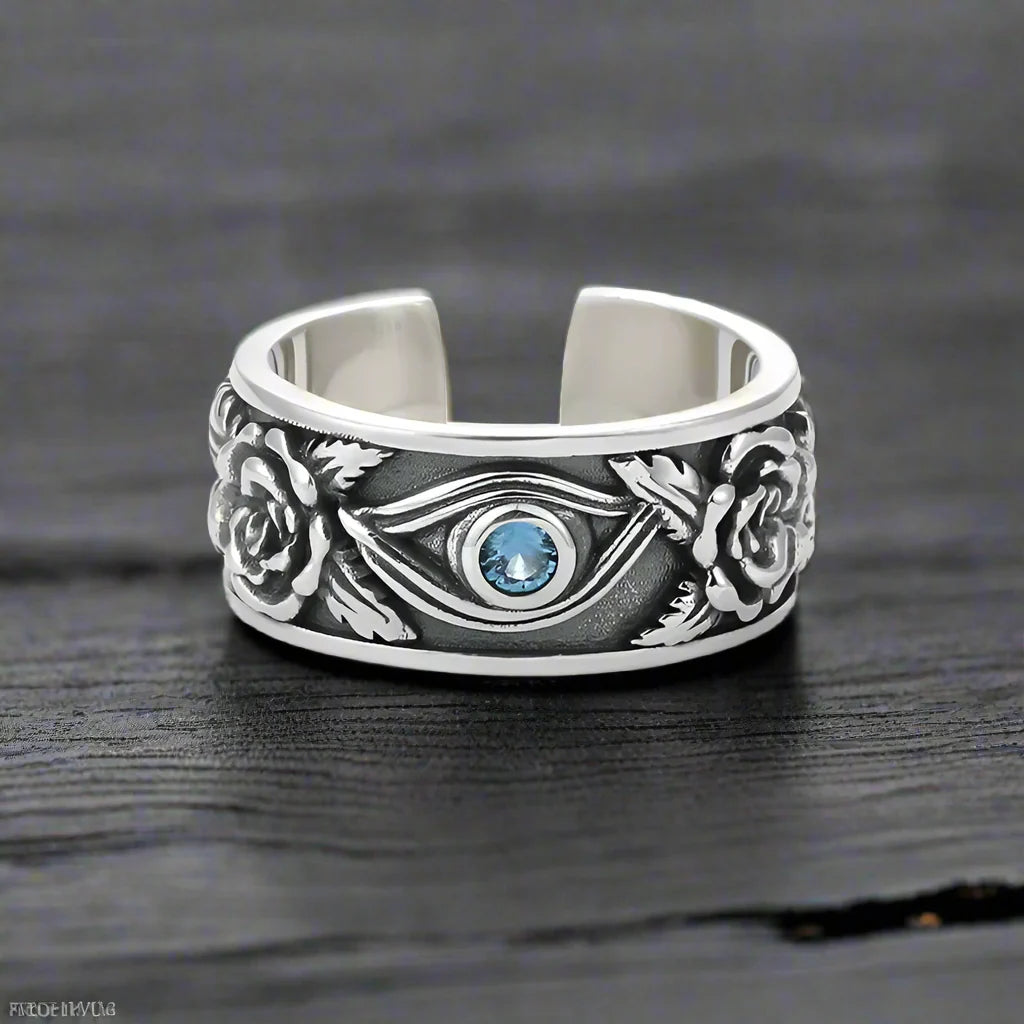 Adjustable Ring Men Blue Eye Silver Roses - resizable / S0068-Silver