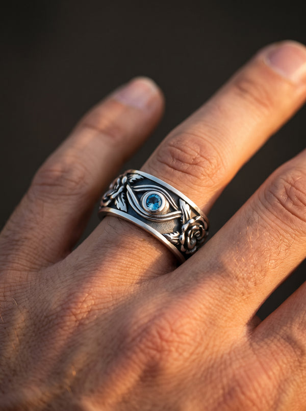 Adjustable Ring Men Blue Eye Silver Roses - resizable / S0068-Silver