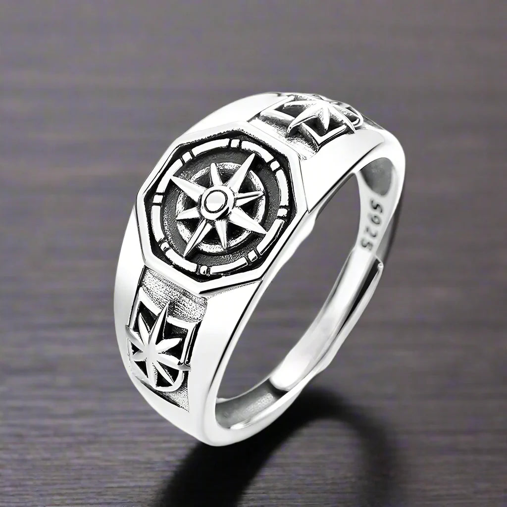 Adjustable Ring Men S925 Compass Vintage Pirate - resizable / S0065