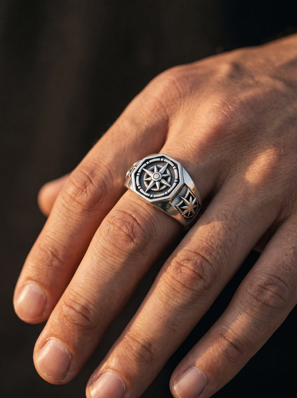 Adjustable Ring Men S925 Compass Vintage Pirate - resizable / S0065