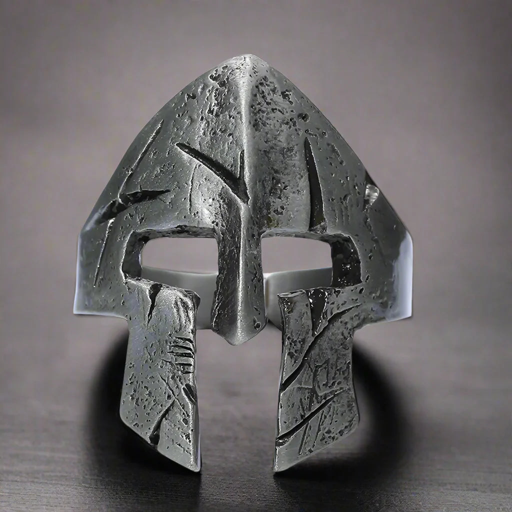 Retro Warrior Ring Spartan Mask Ring Men Open Ring - resizable / Ancient silver