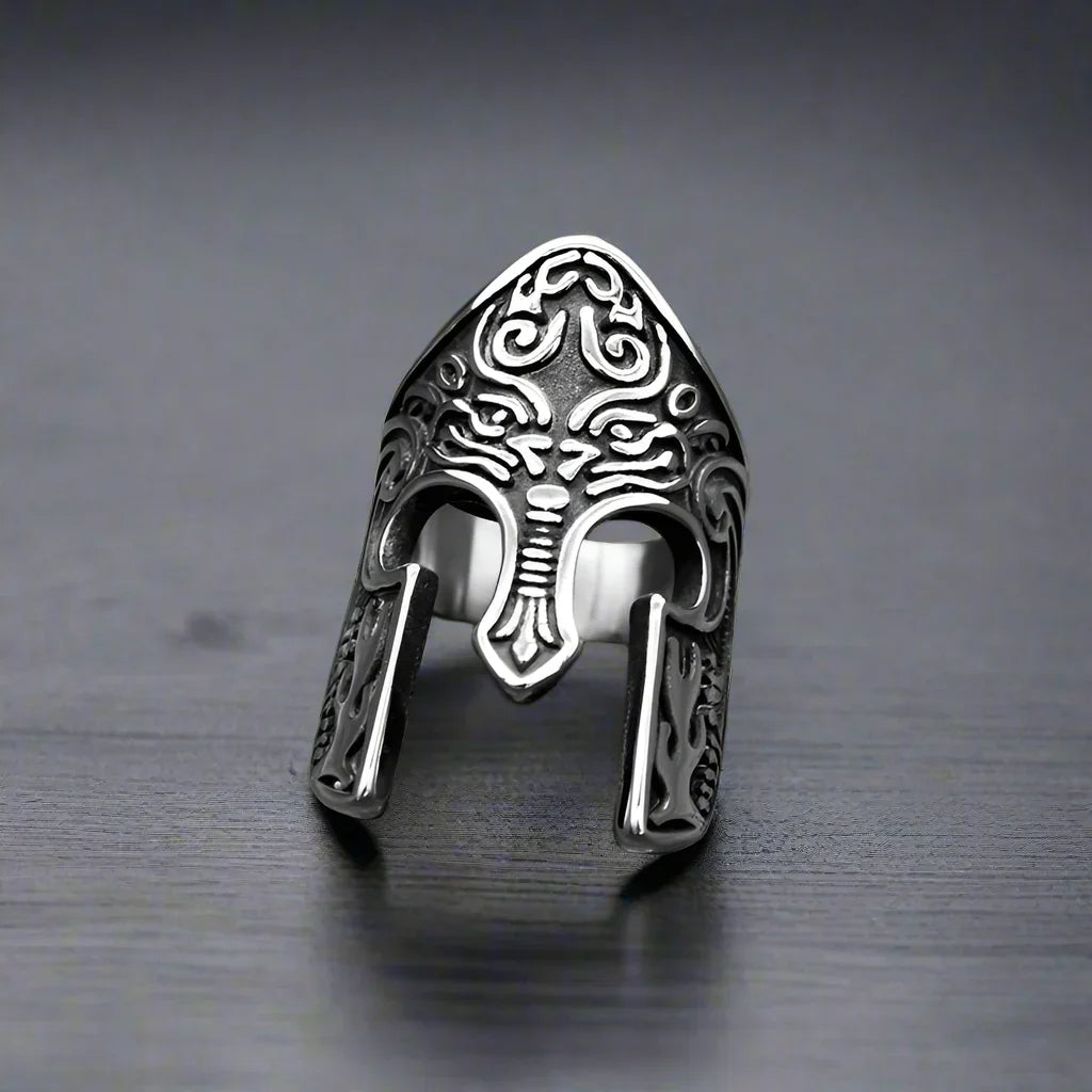 Bague Acier Casque Viking Orné