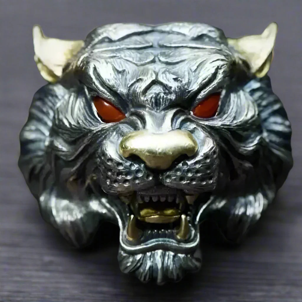 Adjustable Ring Men Chinese Mythical Tiger - resizable / S0059-Red