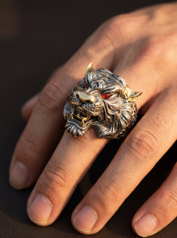 Adjustable Ring Men Chinese Mythical Tiger - resizable / S0059-Red