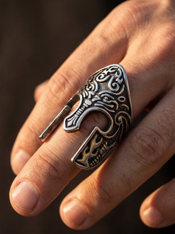 Bague Acier Casque Viking Orné