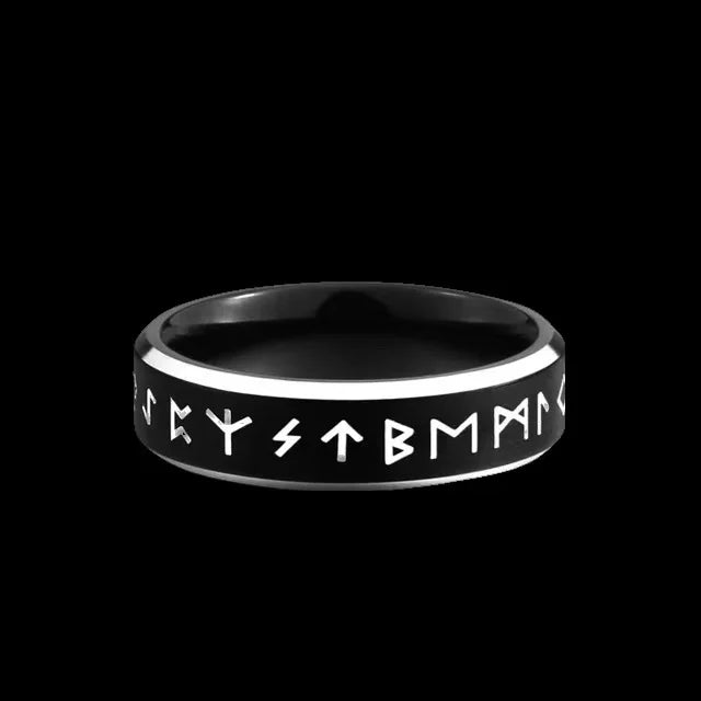 Bague Viking Homme Acier Noire RUNES BLANCHES