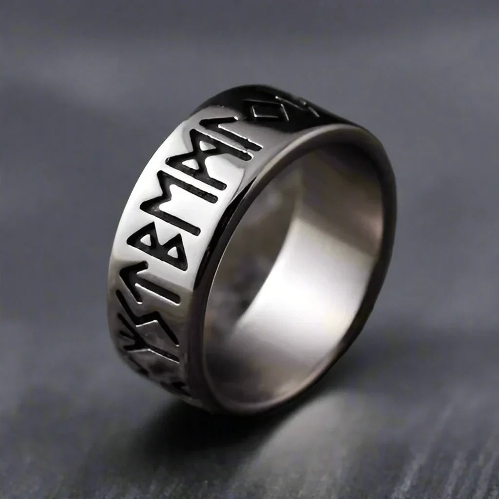 Bague Viking Homme Acier RUNES NOIRES
