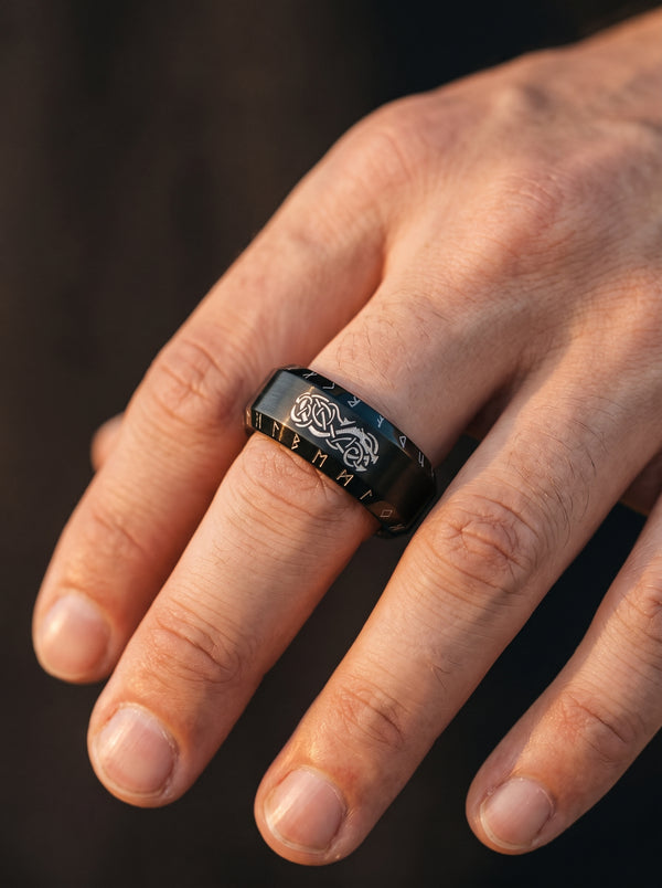 Bague Viking Noir en Acier Inoxydable - Noir / 14