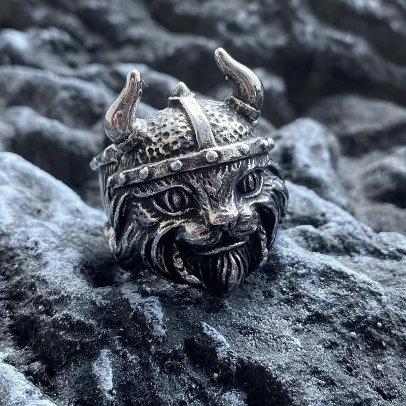 Bague Viking Chat Guerrier - Argent / Ajustable