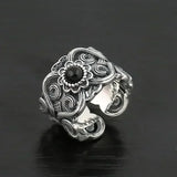 Open Adjustable Ring Men Vintage Black Stone - resizable / S0069