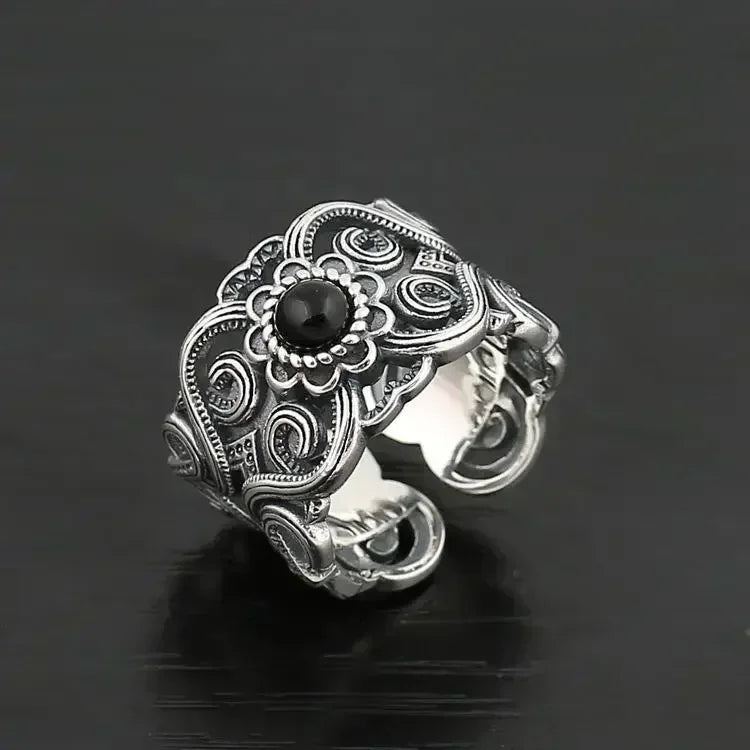 Open Adjustable Ring Men Vintage Black Stone - resizable / S0069