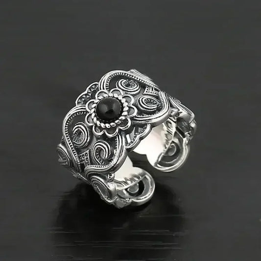 Open Adjustable Ring Men Vintage Black Stone - resizable / S0069