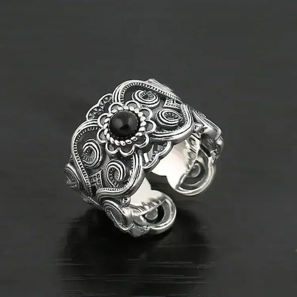 Open Adjustable Ring Men Vintage Black Stone - resizable / S0069