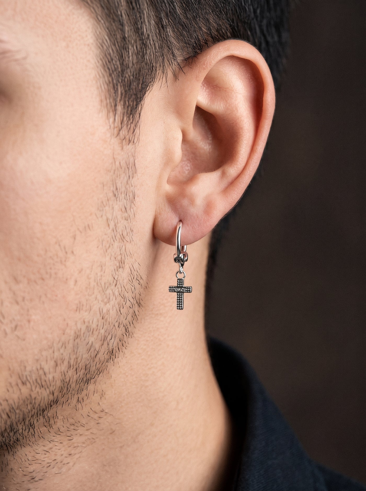 Boucle d'Oreille Homme CROIX PENDANTE Acier Inoxydable (Paire)