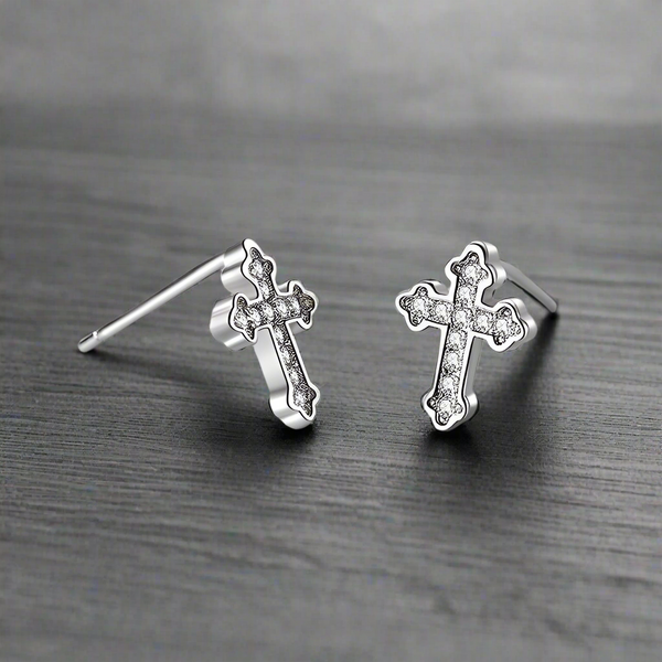 Paire boucle d'oreille homme acier noir croix latine fermoir papillon
