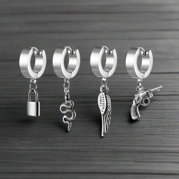 Boucles D'Oreilles Homme Créoles Acier Inoxydable - Pendentif Sigillaire Lucifer Symbole Satanique