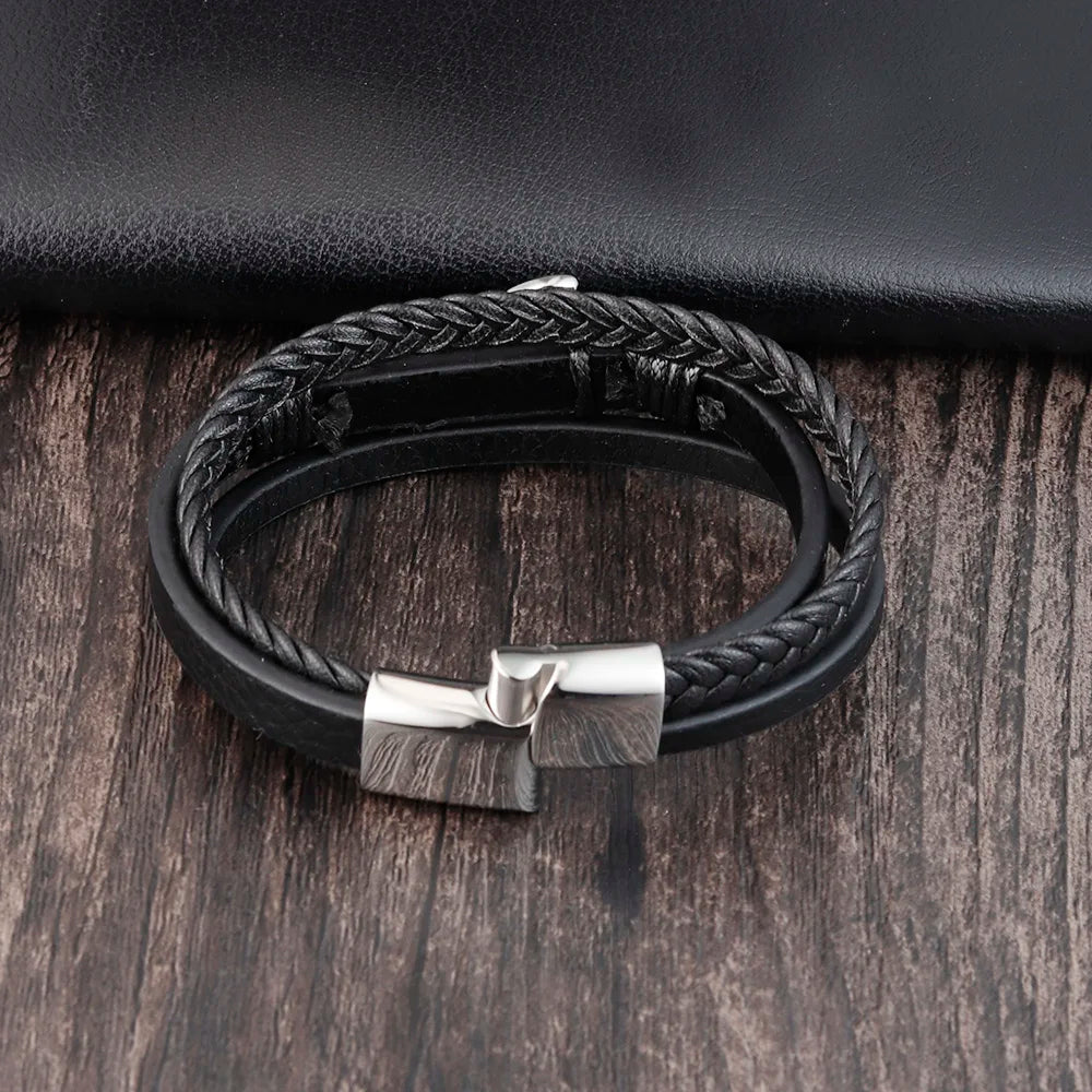 Punk Stainless Steel Anchor Bracelets Genuine Leather Bracelet & Bangles for Men Black