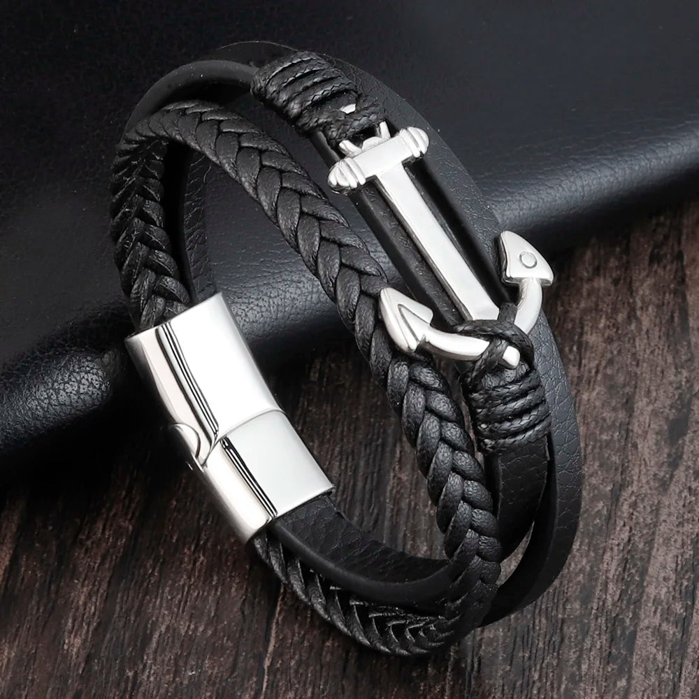 Bracelet Ancre Homme Acier CUIR TRESSÉ NOIR