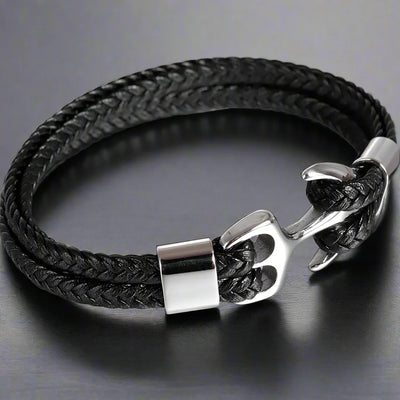 Bracelet Ancre Homme Acier CUIR TRESSÉ NOIR