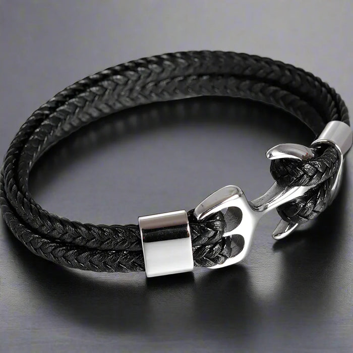 Bracelet Ancre Homme Acier CUIR TRESSÉ NOIR